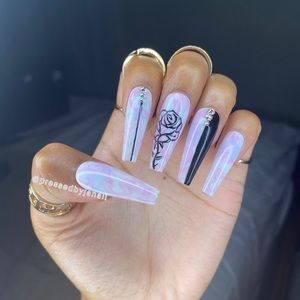 Hand painted long coffin rose press on nails